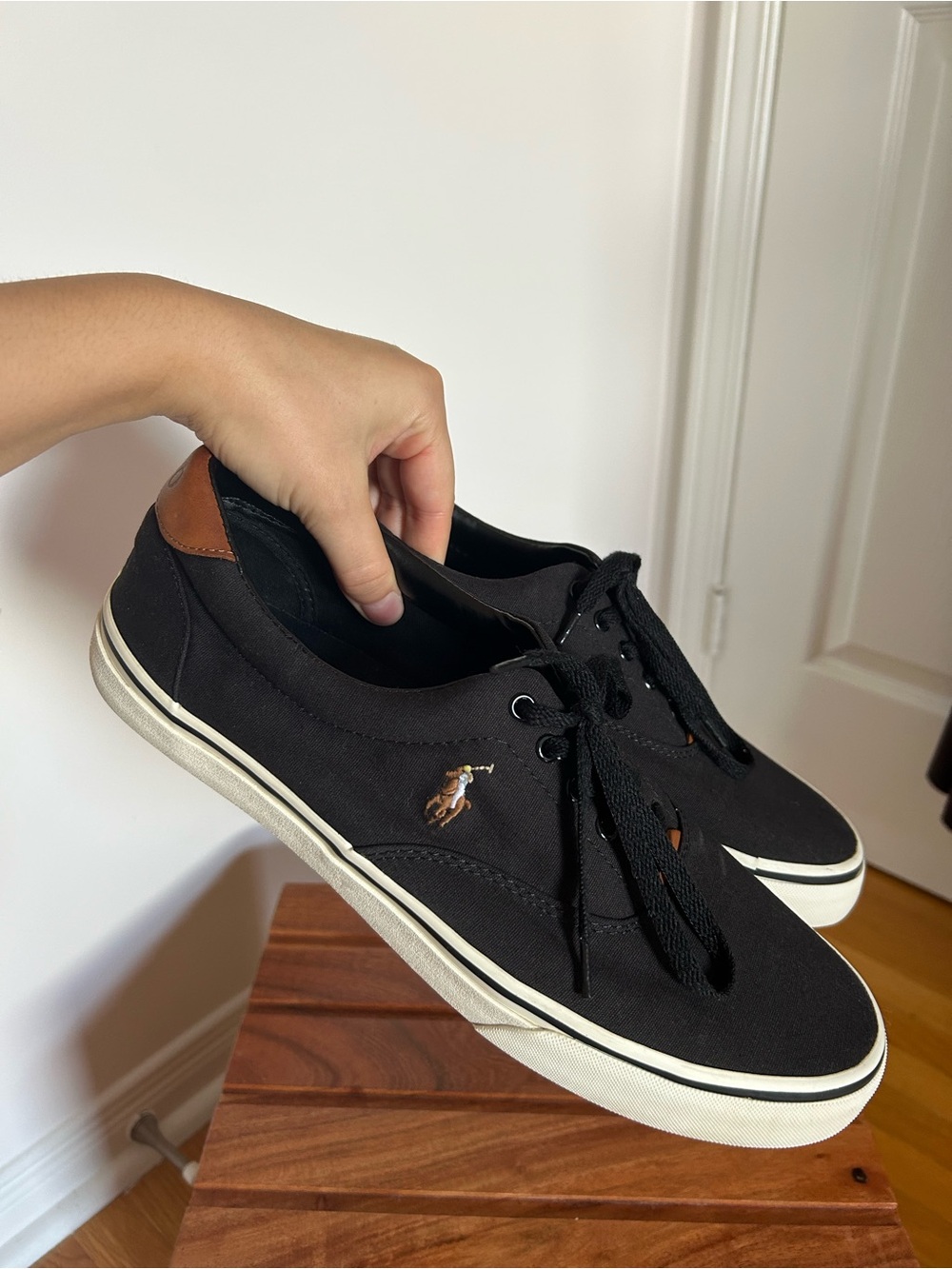 Polo by Ralph Lauren Black Canvas Sneakers with Tan Heel Accent